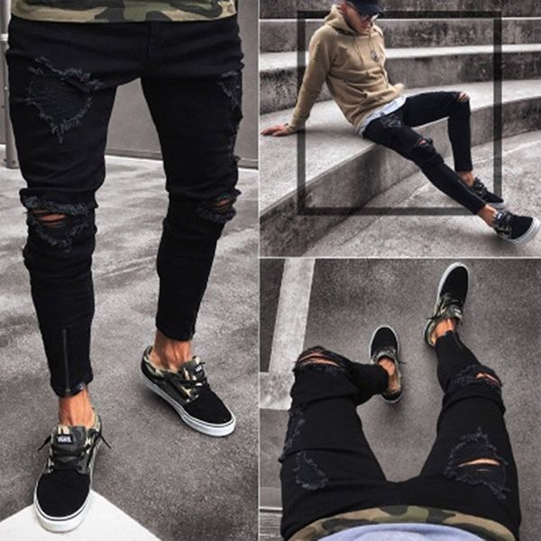 

man skinny jeans knee ripped hole destroyed distressed pencil pants stretchy denim trousers new shredded hole jeans, Blue