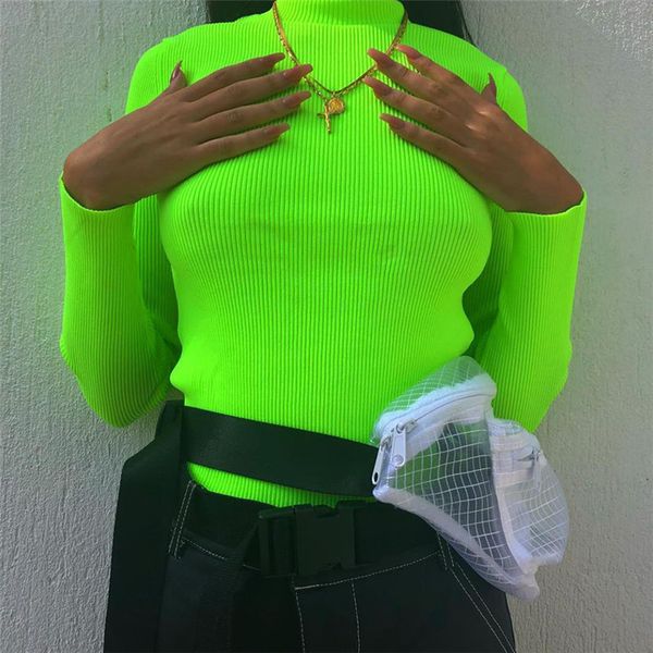 

nclagen 2019 spring women turtleneck ribbed sweaters long sleeve fluorescent color pullovers slim solid color mujer warm sweater, White;black
