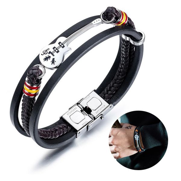 

vintage men bracelet pu leather punk guitar multi layer woven rope bracelet stainless steel bangle gift mens jewelry accessories, Golden;silver