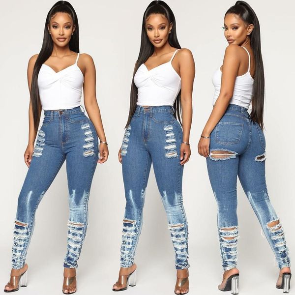 

european american women ripped jeans summer ladies high waist hollow out distrressed skinny long jeans casual womens clotihing, Blue