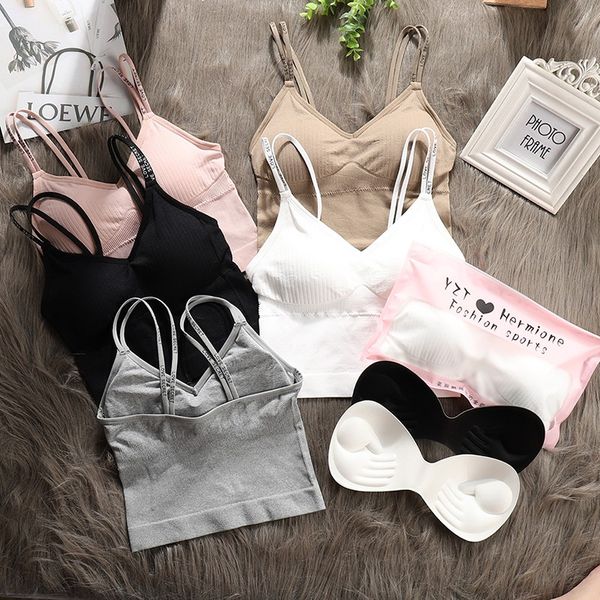 

efinny women removable chest pad underwear letter straps sling tank backless intimates camisole summer seamless vest, Black;white
