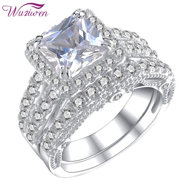 

wuziwen 2 pcs 925 sterling silver wedding rings for women princess cut zircon engagement ring bridal set classic jewelry, Golden;silver