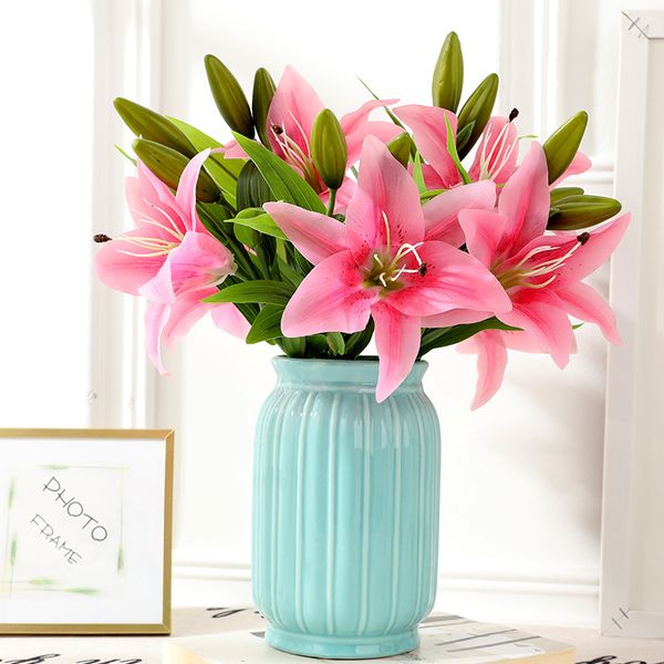 

5pcs/lot pvc real touch silk lily 3 heads artificial flower for home decoration wedding decorative stage layout props fake flower bouquet