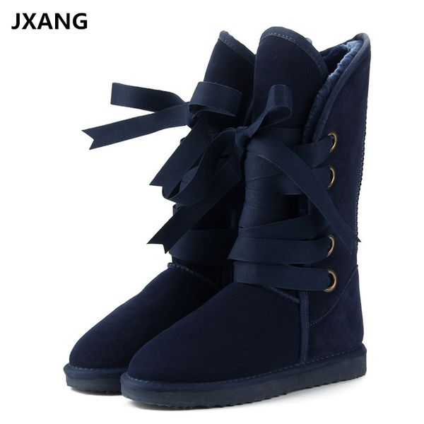 

jxang australia classic fashion high snow boots women boots genuine cowhide leather lace up long fur warm winter, Black