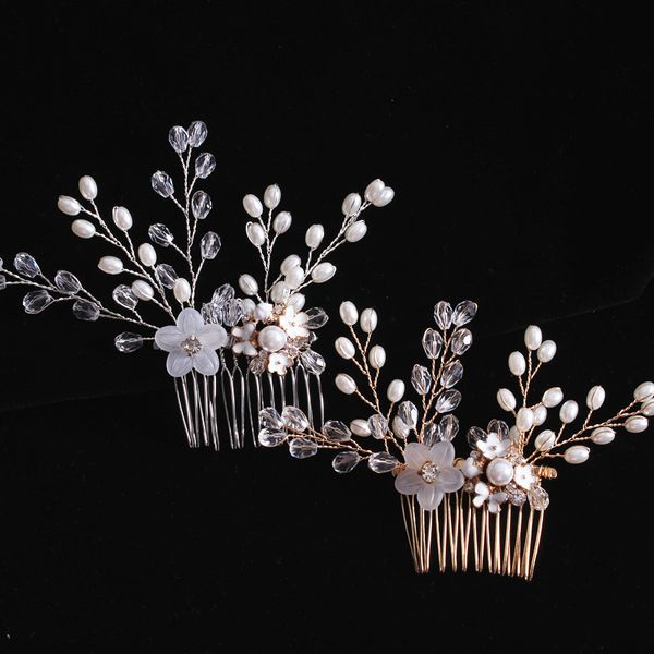 

women pearl hair combs wedding hair accessories pin rhinestone tiara bridal clips crystal crown bride jewelry, Golden;white