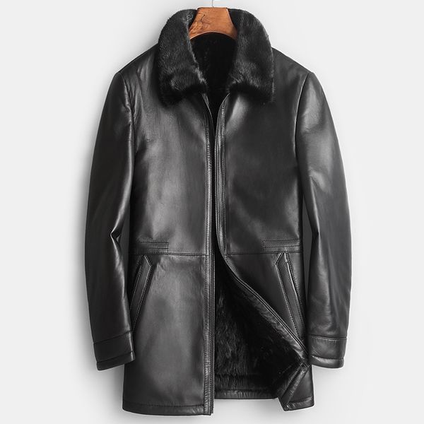 Longo couro Trench Coat Couro Homens Shearling Coats Jaquetões Natural Mink Fur Jaquetas Espessamento Quente alta qualidade