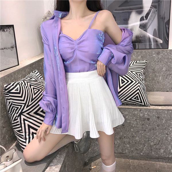 

chic two pieces set women shirts femme shiny women's blouses lady purple shirts with camis, White
