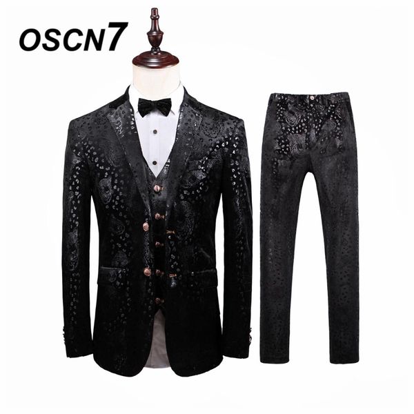 

oscn7 leisure slim fit black print 3 piece suits men 2019 groom wedding suits for men fashion party three piece suit t306, White;black