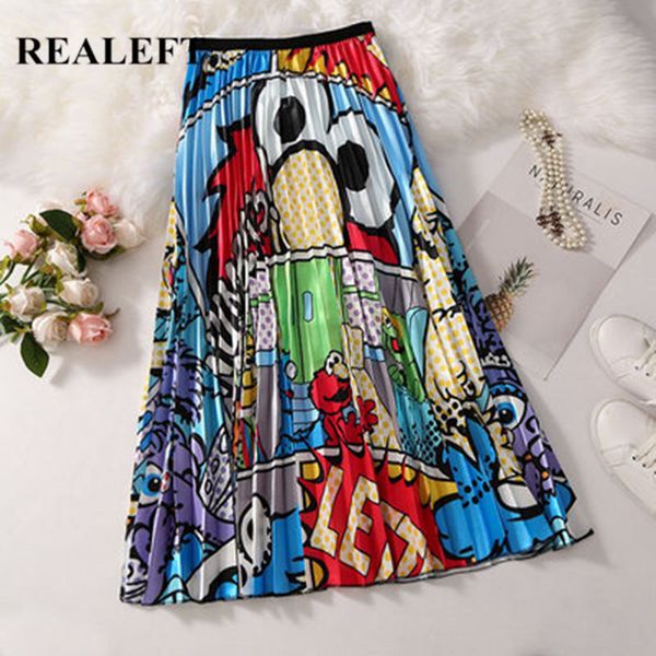 

realeft 2019 new arrival women cartoon printed elegant pleated long skirts high waist harajuku tulle a-line mid-calf skirts, Black