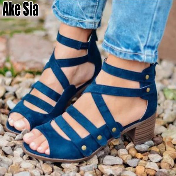 

ake sia new women female ladies fashion rivets casual peep toe multi-strap med chunky heeled heels hollow out sandals shoes a397, Black