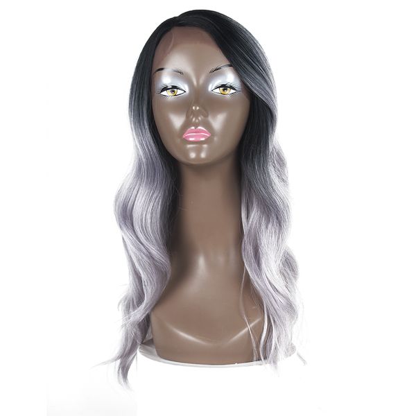Long Ombre Ash Silver Dark Roots Wavy Wigs For Black Women Side Part Swiss Lace 22inch Synthetic Lace Front Wig Body Wave Glueless Lace Front Weave