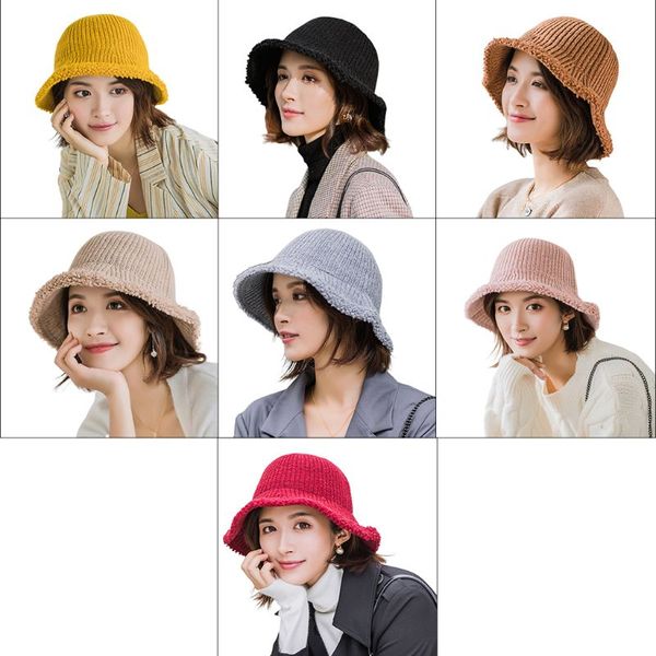 

women ladies autumn winter soft knitting wool bucket hat fashion solid color folding round fishermen cap m2eb, Blue;gray