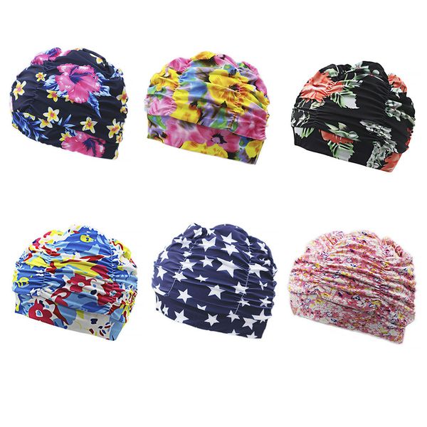 

new womens stretch seaside fold swim cap hat lady girls long hair swim cap stretch hat drape bathing swimming cap