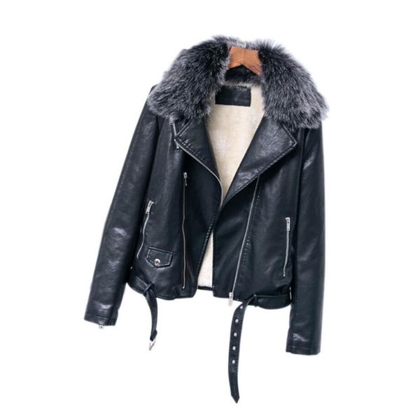 

2019 autumn winter faux leather jacket coat women's thick warm fur collar biker motorcycle jackets zipper black outwear r1412