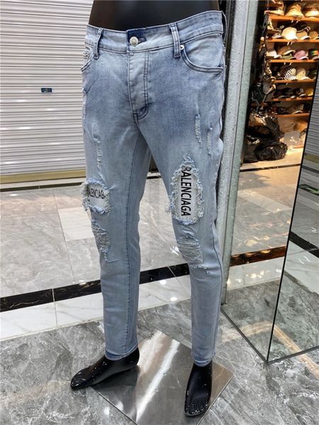 

20s mens designer jeans pattern fashion side stripe jeans slim jeans skinny spliced ripped stree denim pants us size, Blue