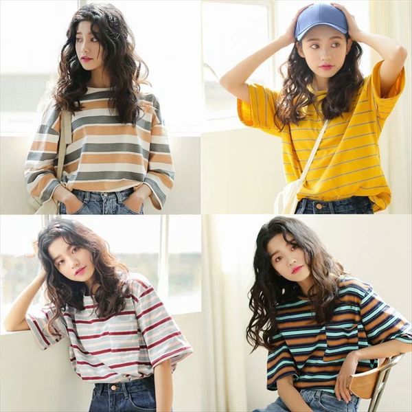 

ins super fire short-sleeved t-shirt female stripes 2020 student all-match loose half-sleeve clothes clothing t-shirt clothing fashion, White