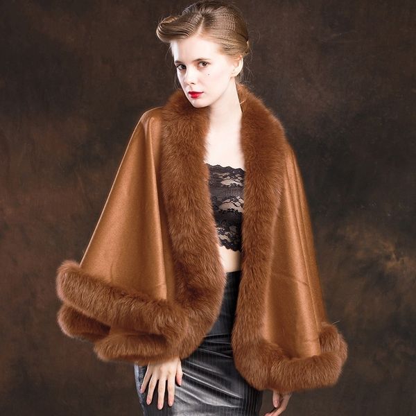 

new autumn winter fur collar real cashmere cloak coat natural wool wraps lady elegant luxury party shawl jacket women cape, Black