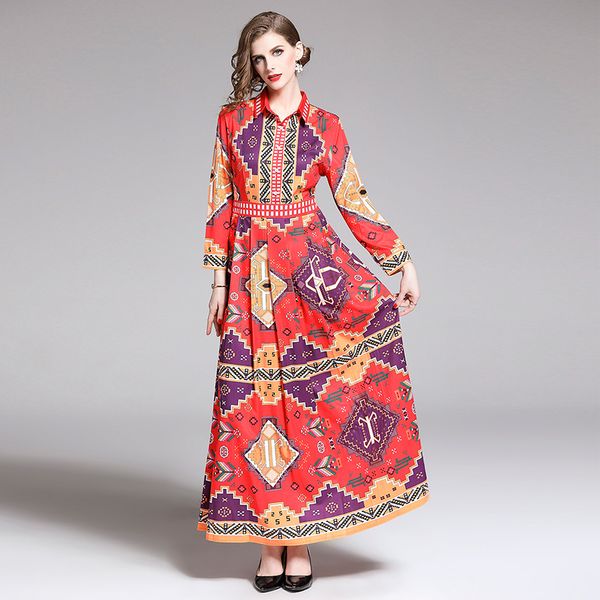 

2019 new fashion designer maxi runway dress long sleeve women's turn down collar geometric print vintage long vacation dresses, Black;gray
