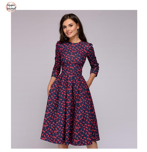 

elegant a line dress 2019 vintage printing party vestidos three quarter sleeve women spring no dress pockets, Black;gray