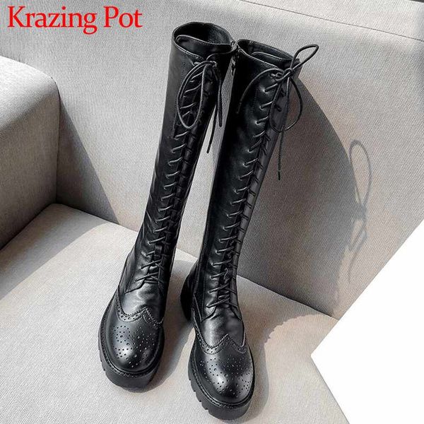 

krazing pot brogue carved solid cow leather knight boots round toe med heels women winter keep warm fashion thigh high boots l56, Black