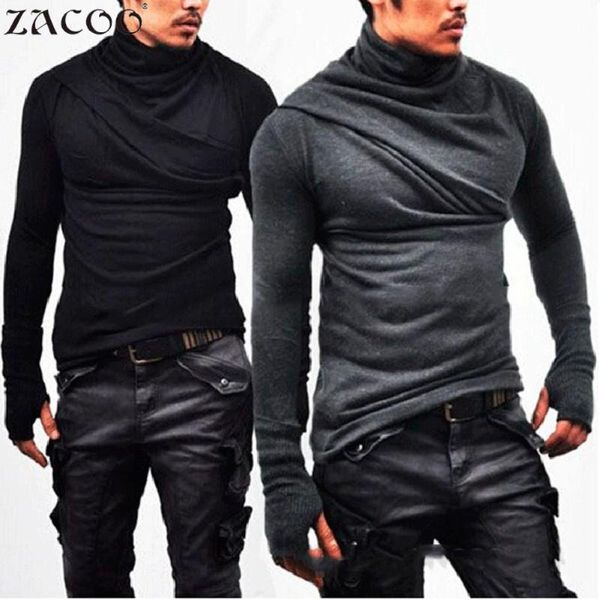 

zacoo gothic men black t shirt solid heap collar shirt super long sleeve with gloves casual tees solid men's warm san0, White;black