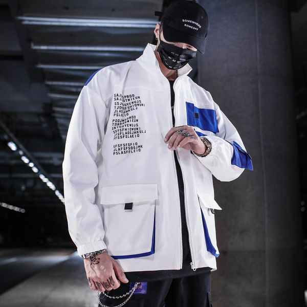 

men's jackets spring autumn jacket men spell color multiple pockets letter printed outwear casual streetwear hip hop fashion veste homm, Black;brown