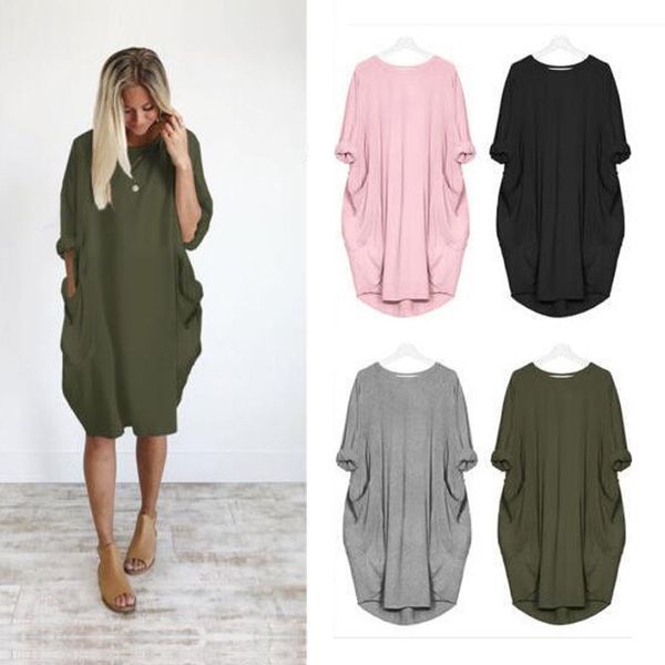 

fashion pocket loose dress ladies crew neck casual plus size long women dress classic women dresses, Black;gray