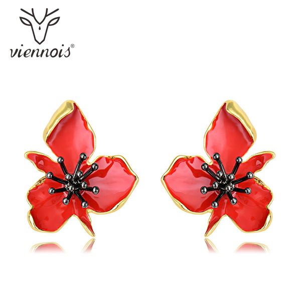 

viennois stud red flower earrings for women enamel earrings lady, Golden;silver