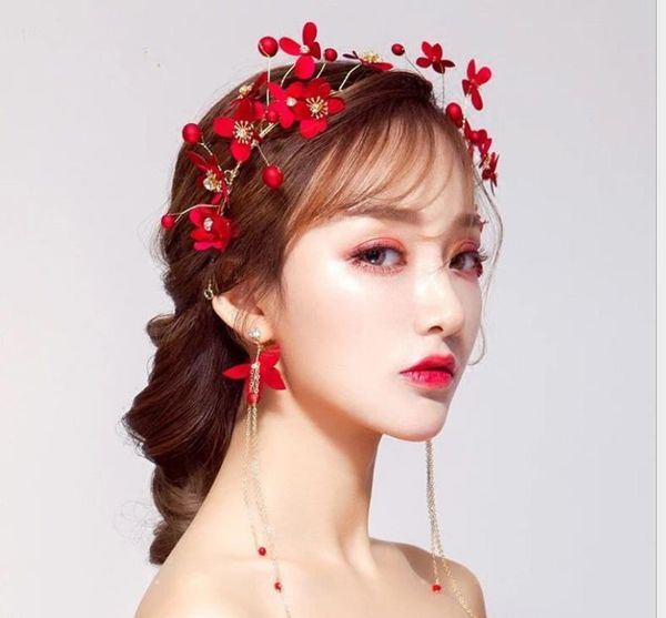 New Bride Headdress Pearl Red Bride Flower Accessories Chinese