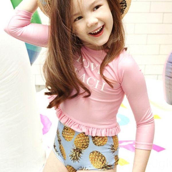 

children's split high pineapple waist pants girl's swimsuit long sleeve sunscreen pineapple letter girl's swimsuit, White;black