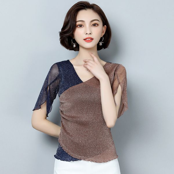 

new ballroom dance shirt competition costume women latin dancewear v-neck mesh stitching t wild short sleeve shirt py089, Black;red