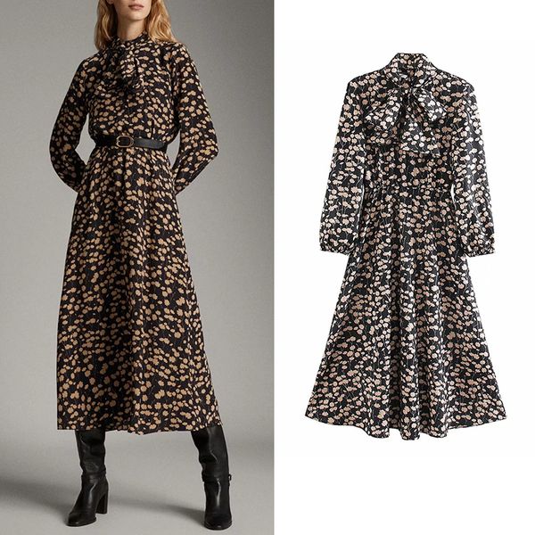 

2019 za women dress elegant floral print mid calf stylish dress long sleeve bow tie a-line dresses female vintage slim vestidos, Black;gray