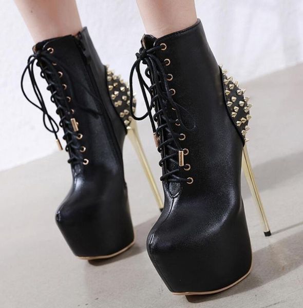 

2020 women's shoes wind rivet joker bandage fine with short boots waterproof platform, Black