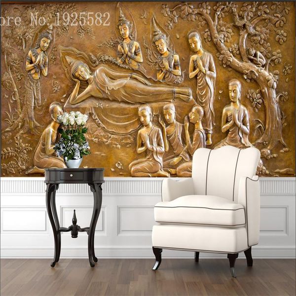 

thai buddhist culture mural 3d golden emobssed buddha statue p wallpapers for living room thailand home decor wall paper 3d