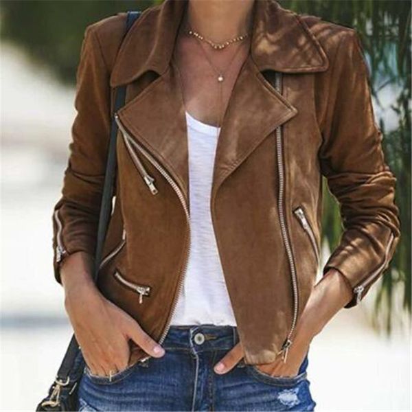 

2020 ladies women's suede leather jacket flight coat zip up casual clothes zipper basic coat turn-down collar biker jacket, Black;brown