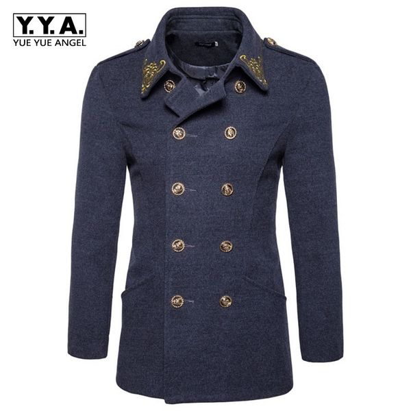 

ретро британский двойной breasted mens wool бленды пальто способа вышивки отворот воротника мужской шинель зимнее шерстяное trench sobretudo, Black