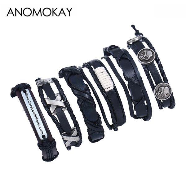 

anomokay 6 pcs/set vintage punk style cow leather strap bracelets & bangles black handmake braided ethnic jewelry bracelet gift, Golden;silver