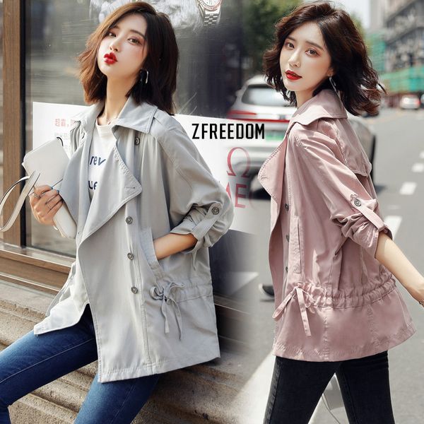 

2019 autumn new trench coat girls korean fashion casual drawstring waist relaxed and comfortable double-breasted coat women, Tan;black