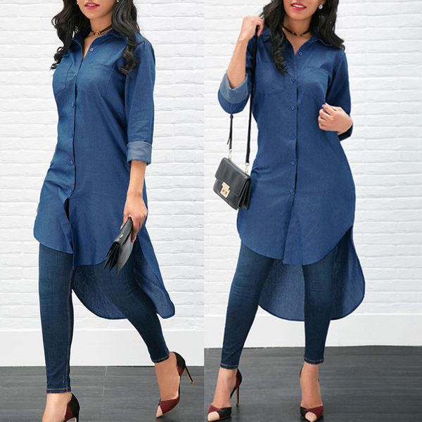 

women's blouses & shirts mid-length denim shirt women 2021 spring fashion lapel long-sleeved single-breasted front short back long slim, White