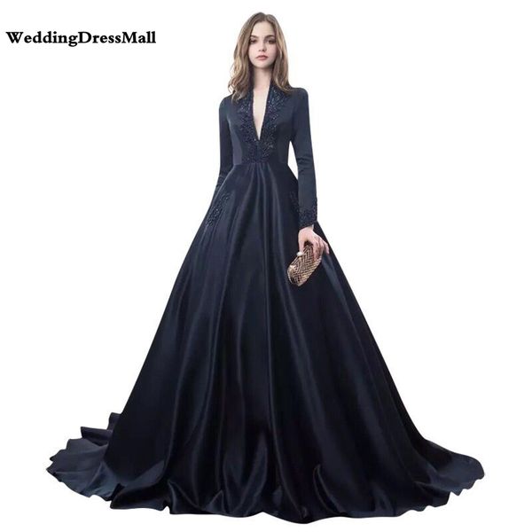 Long Sleeves Arabic Dubai Navy Blue Ball Gown Evening Dress 2019
