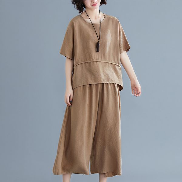 

ewq] 2020 spring summer new pattern round collar short sleeve solid patchwork pullovers two piece set women ak99116xl, White