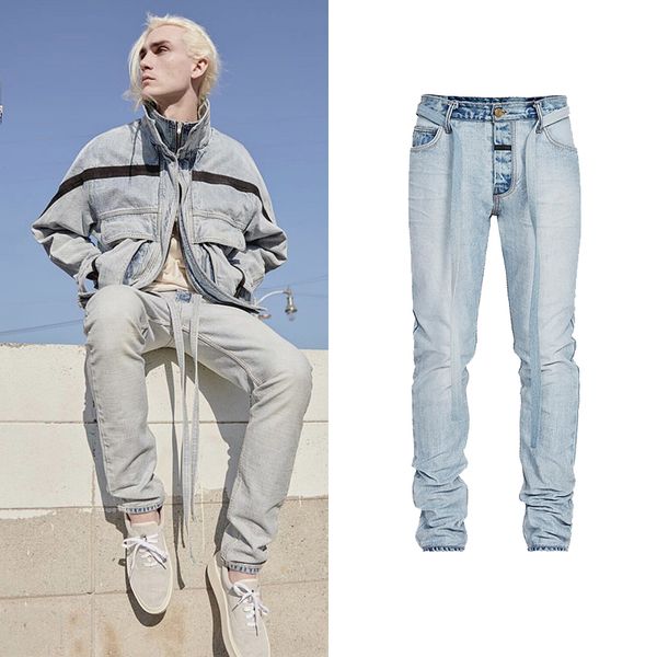 

wash slim fit denim jeans mens vintage waist ribbons jeans trousers for men streetwear blue men's classic straight 2019