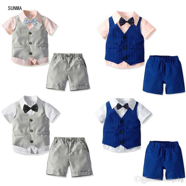 

sunma kids boys дизайнерская одежда одежда для малышей полосатый жилет шорты твердые рубашки галстук формальный костюм детская дизайнерская, White
