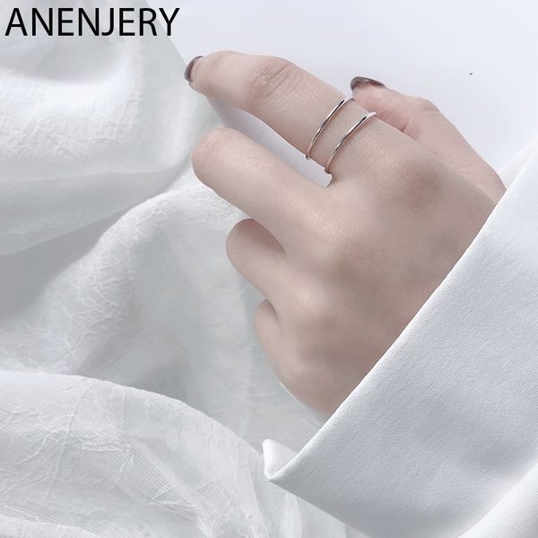 

anenjery high polish double layer open finger ring 925 sterling silver gold color rings for women simple party gifts s-r624, Golden;silver