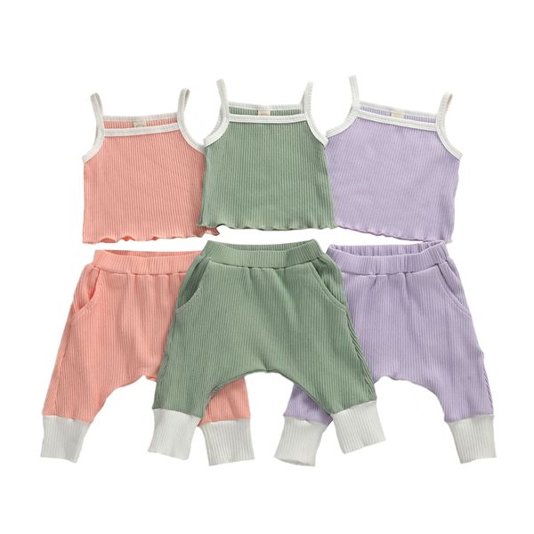 

6m-3years kid baby girl boy outfits cute infant sleeveless sling crop pocket pants ribbed clothes set 0-3y, White