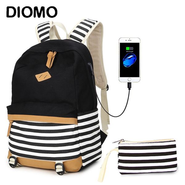 

diomo usb charging school bags for girls canvas cotton fabric fashion striped backpack for children bag pack schoolbag y200706