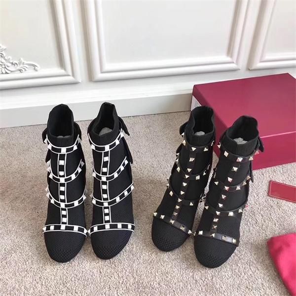 

women ankle booties sock studs boot designer shoes leather trimmed stretch knit sock high heel australia winter boots with box e3, Black
