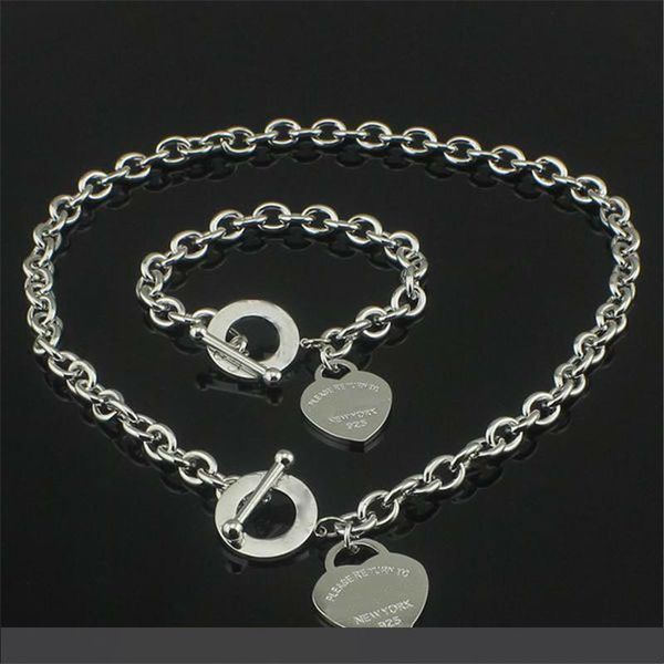 

рождественский подарок 925 серебряное любовное ожерелье+браслет комплект свадебное заявление ювелирные изделия сердце кулон ожерелья браслет, Silver