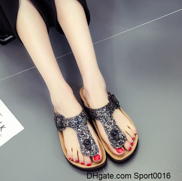 

bokon 2020 women s summer flat sequin bling slippers flat ladies slippers beach pinch flip flops outdoor non-slip cork girl sandals y7nf, Black