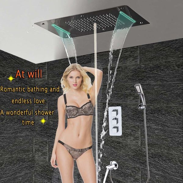 Set doccia termostatico da incasso per vasca da bagno pannello rubinetto a parete in ottone con beccuccio miscelatore LED soffione doccia a soffitto pioggia cascata nebbia